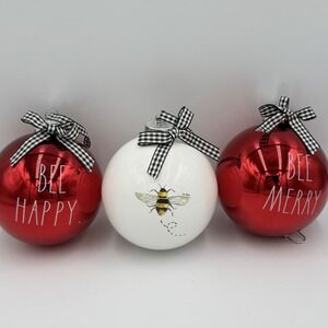 4" Round Christmas Ball Ornaments Red White Bee Happy Merry Buffalo Bow Glossy
